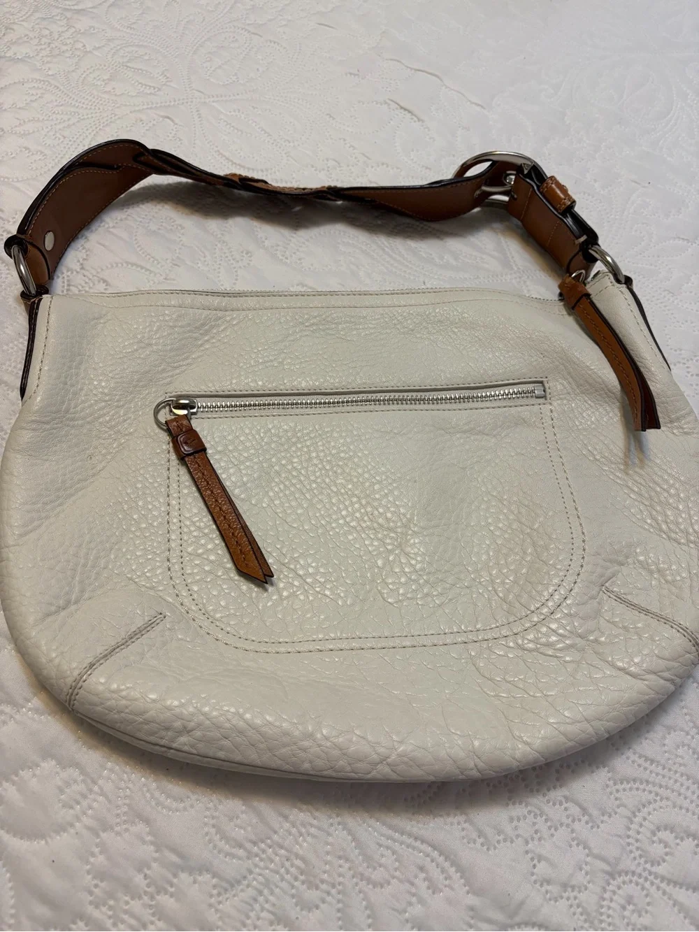 Coach Soho White Pebbled Leather Hobo Shoulder Bag with Tan Trim